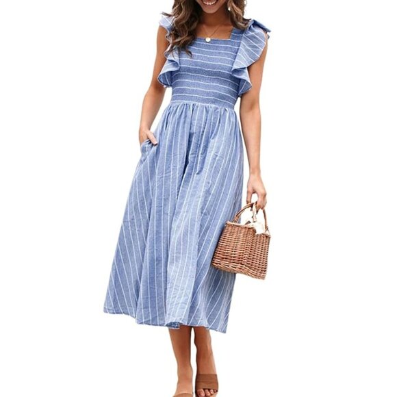 Simplee Blue Chambray Ruffle Midi Dress Size Small - 47731 - Picture 2 of 13
